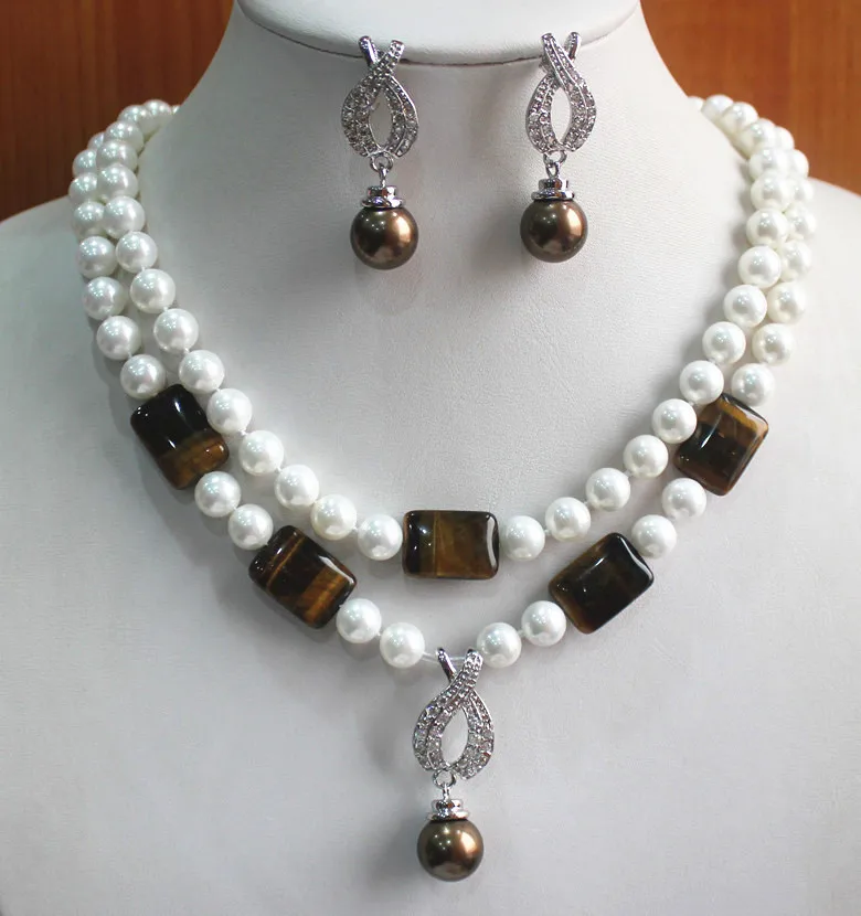 

2 styles! Wholesale 2 rows 8mm shell pearl/jade lady's nice necklace+14mm pearl earring and necklace pendant jewelry set (D)