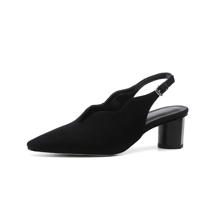 ANNYMOLI/Женская обувь на высоком каблуке; замшевые туфли на высоком толстом каблуке с петлей на пятке; женские туфли-лодочки из натуральной кожи с пряжкой; Размеры 33-43 - Цвет: Черный