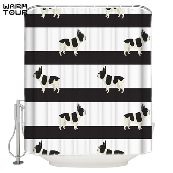 

WARMTOUR Shower Curtain Black and White Stripes Dog Design Extra Long Fabric Bath Shower Curtains Bathroom Decor