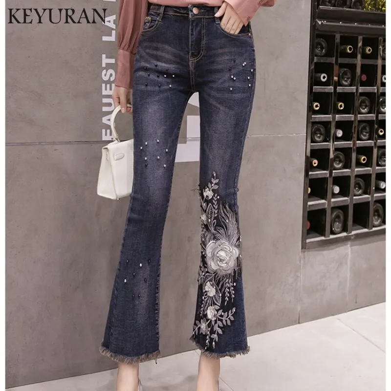 Plus size Woman Beading Flare Pants Embroidery Floral stretch jeans for ...