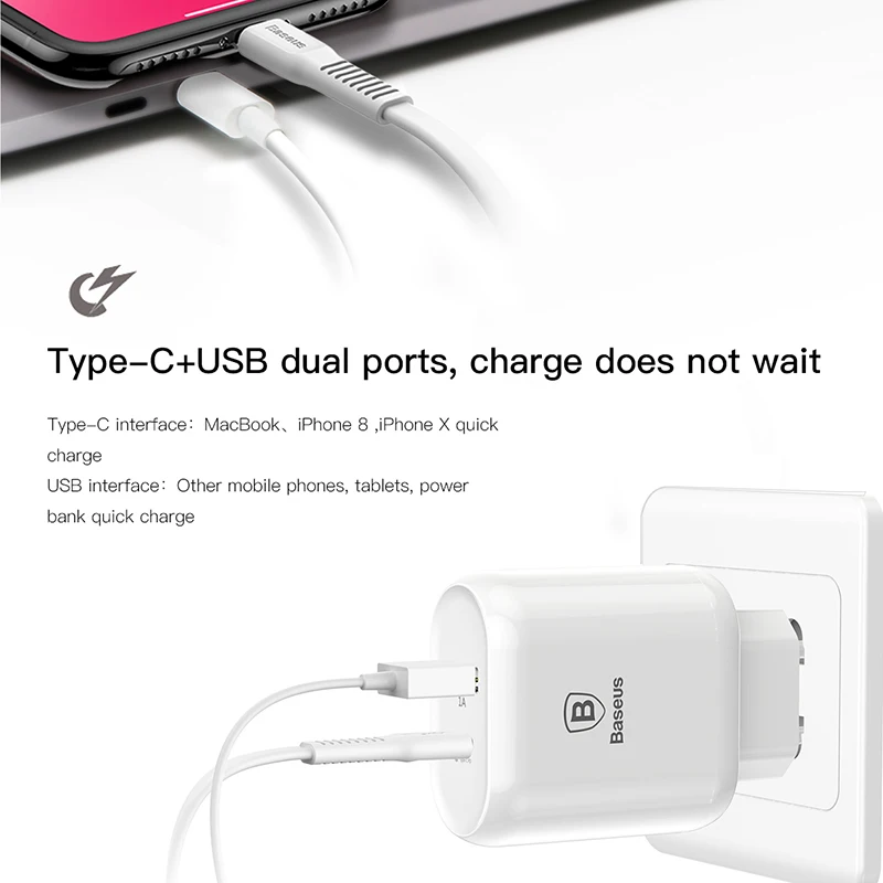 Baseus type-C PD Быстрая зарядка USB зарядное устройство 32 Вт ЕС штекер Адаптер для iPhone X 8 с PD кабель Быстрая зарядка для samsung S9 S8