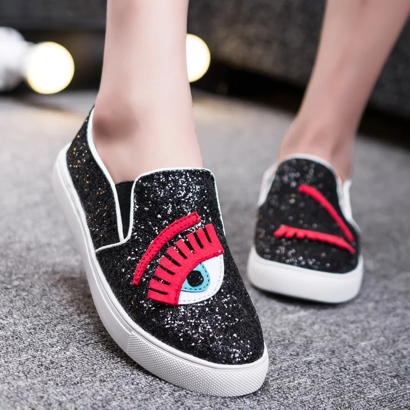 

Womens Flat Cute Sparkle Slip On Casual Eyes Studenty Fashion Sneakers Sequins Bling Shoes Flats Black Sliver A323