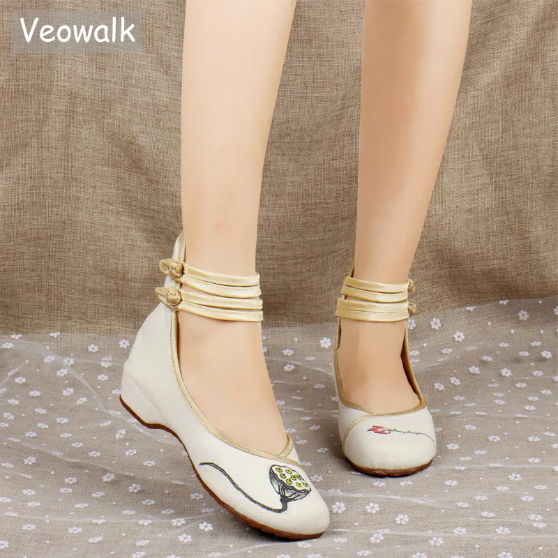 

Veowalk Lotus Pod Hand Painting Women's High Top Canvas Ballet Flats Retro Ankle Strap Ladies Old Beijing Shoes ballerines femme