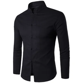

New Arrival Men Chinese Tradition Style Shirt Mans Solid Color Mandarin Collar shirts Long Sleeve cotton linen Casual Shirt