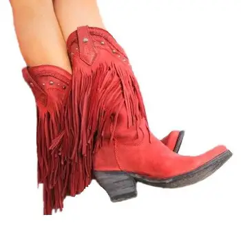 

Bohemia Style Gladiator Women Mid-calf Low Heel Motorcycle Boots Fringed Cowboy Boots Shoes Spring Autumn Women Tassel Boots