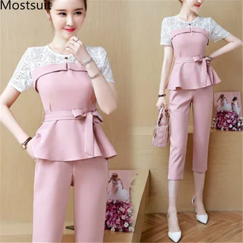 

Summer Two Piece Sets Women Short Sleeve Lace Patchwork Tops With Belt And Cropped Pants Suits Elegant Office Korean Women's Set