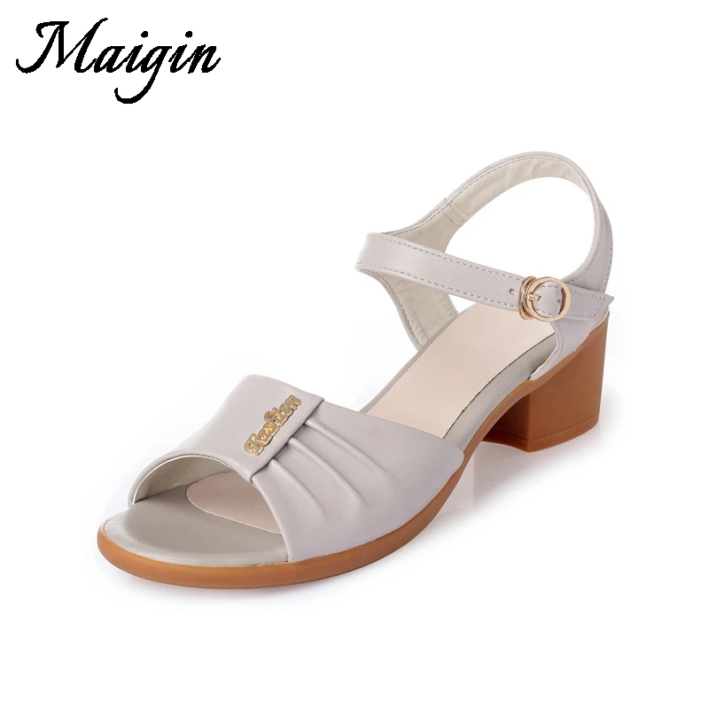 Maigin Genuine Leather Summer Sandals 2018 Block Heels Women Sandals Breathable Insole Ladies Shoes Buckle Strap Women Footwear