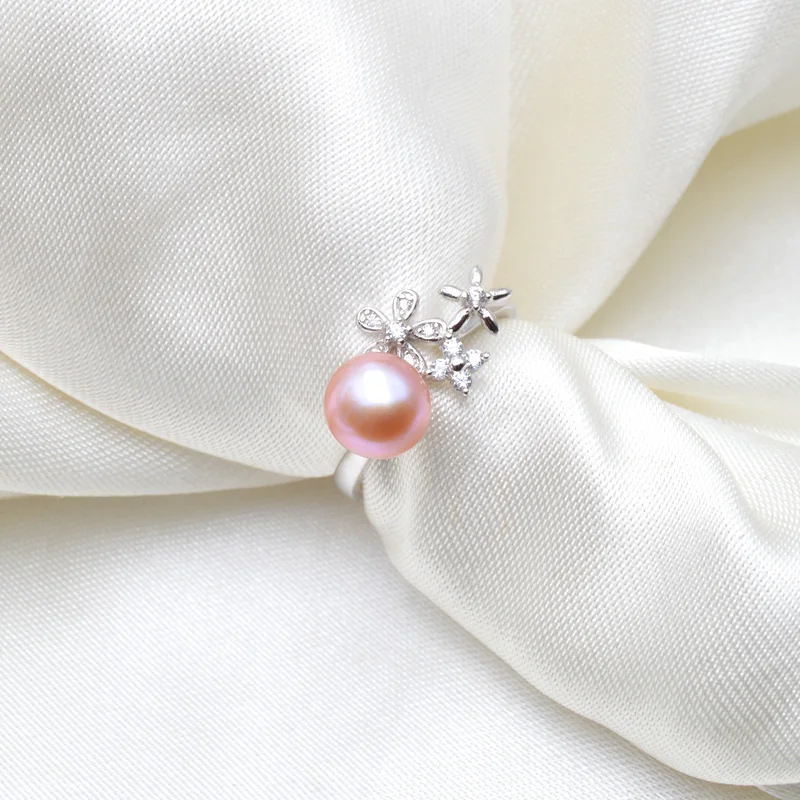 ASHIQI подлинное 925 пробы Серебряное кольцо натуральный пресноводный жемчуг ювелирные изделия цветок Открытый палец Прозрачный CZ для женщин
