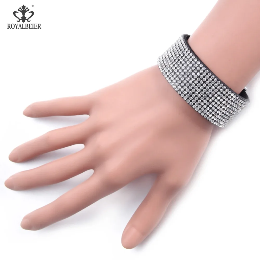 RoyalBeier New Fashion Leather Crystal Bracelet For Women Sparkling Rhinestone Inlaid Women Soft Wide Magnet Buckle Pulsera