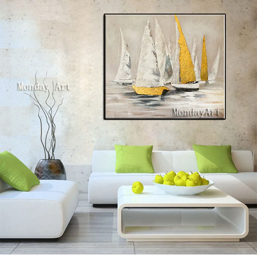II Free-shipping-Handpainted-Abstract-white-and-yellow-sailboat-oil-painting-wall-Art-picture-on-Canvas-For (2)