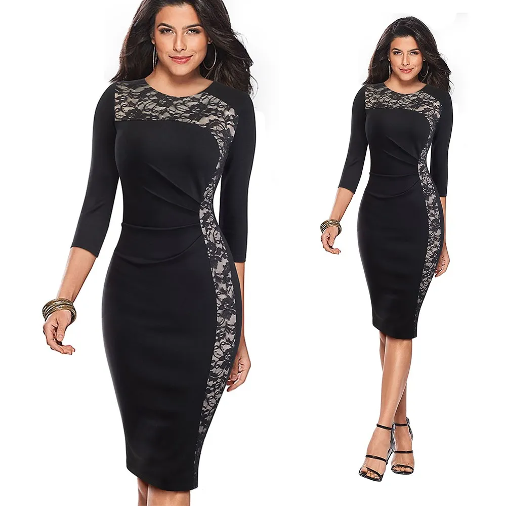 

2019 Fashion Women Lace Patchwork Pencil Dresses Office Lady O-Neck 3/4-Length Sleeve Office Dress Solid Color Midi Dress