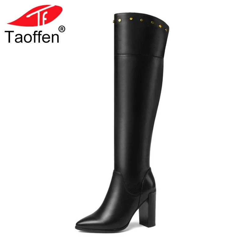 

TAOFFEN Women Knee High Boots Genuine Leather Shoes Winter Warm Fur Shoes Woman Sexy Pointed Toe High Heel Boots Size 32-41