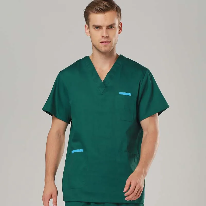 Men's Fashion Medical Clothing Pure Cotton V-neck Top with 5 Pockets + Elastic Waist and Drawstring Pants
