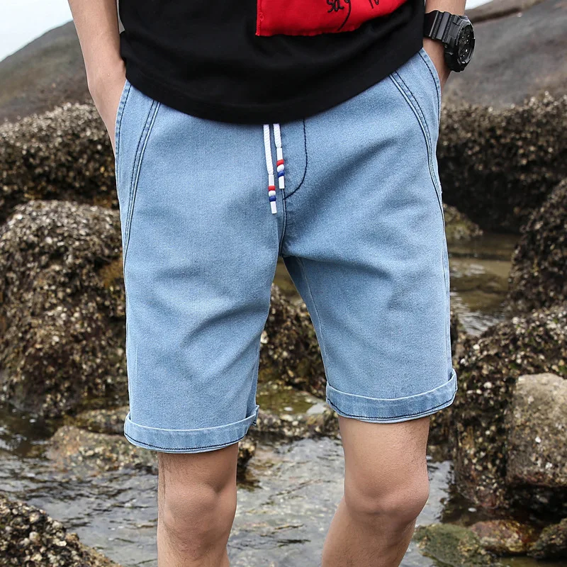 Джинсовые шорты мужские половина Длина сплайсированные сплошной Цвет Винтаж свободные эластичная кулиска на талии стрейч Мужской легкий прилив