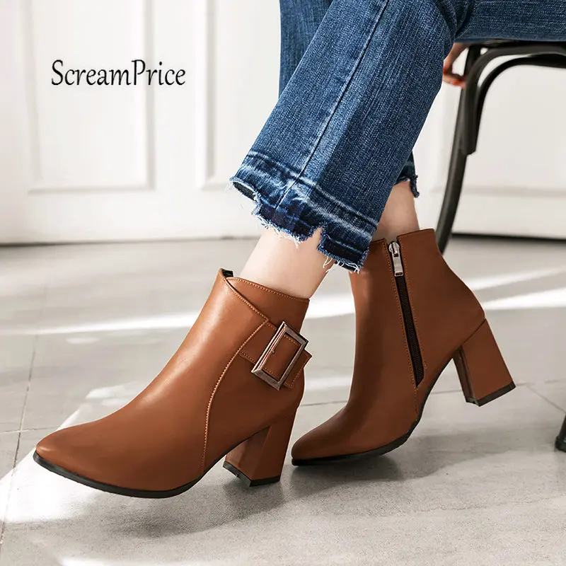 

Laides Thick High Heel Ankle Boots Fashion Buckle Winter Martin Boots Women Shoes Red Gray Brown Black