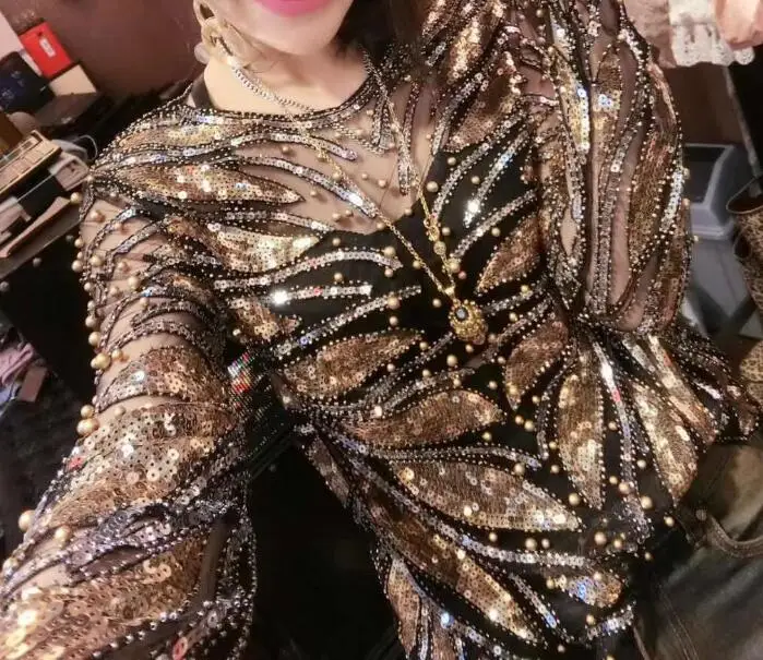

Women's Luxury Vintage Shiny sequins paillette Beaded Shirt Female Club Party Dancing Performance Pullover Tops Tees TB586
