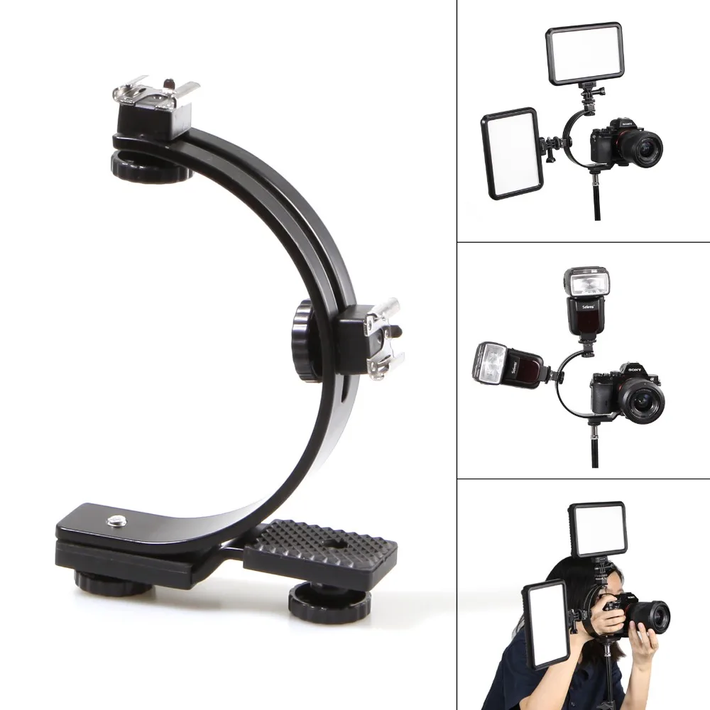 

Universal Multifunction Adjustable Photography C Shape C mount Camera Flash Bracket Two Hotshoe Mounts Flash Holder 1/4 Screw