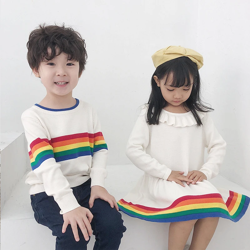 

2018 Children Clothing 2-6Yrs Baby Girls Dress Rainbow Knitted Sweater Dress Brand Baby Boys Rainbow Sweaters Boys Girls Clothes