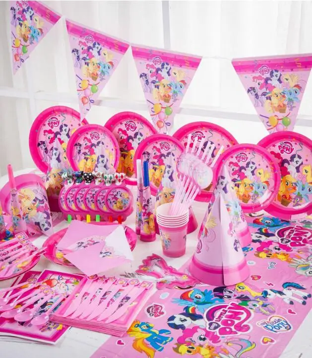

Little Pony Theme Tableware Set Birthday Party Decoration Kids Balloons Napkin Cups Tablecloth Flag Straw Party Supplies