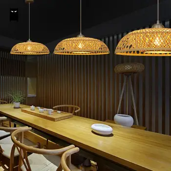 

Bamboo Wicker Rattan Hat Lampshade Pendant Light Fixture Art Decorative Loft Suspended Lamp Hot Desk Counter Lounge Kitchen Room