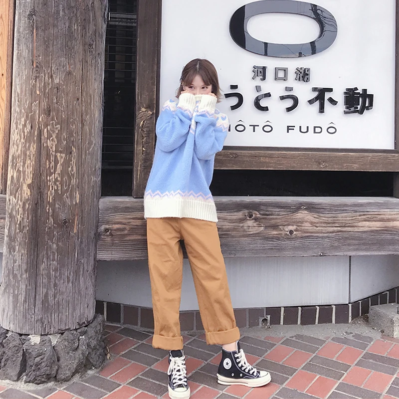 Винтажные женские милые свитера в японском стиле, свободные пуловеры с круглым вырезом, вязаные топы, геометрический жаккардовый синий свитер, осенняя Новинка