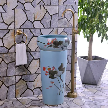 

Ceramic Basin Integrated pedestalBasin Art Landing Lavatory Balcony Retro Blue Lotus pedestal basin