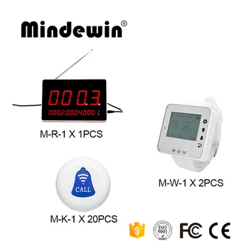 

Mindewin Restaurant Pgers 433MHz Call System 1PCS LED Display Panel M-R-1 + 2PCS Watch Pager M-W-1 + 20PCS Call Button M-K-1