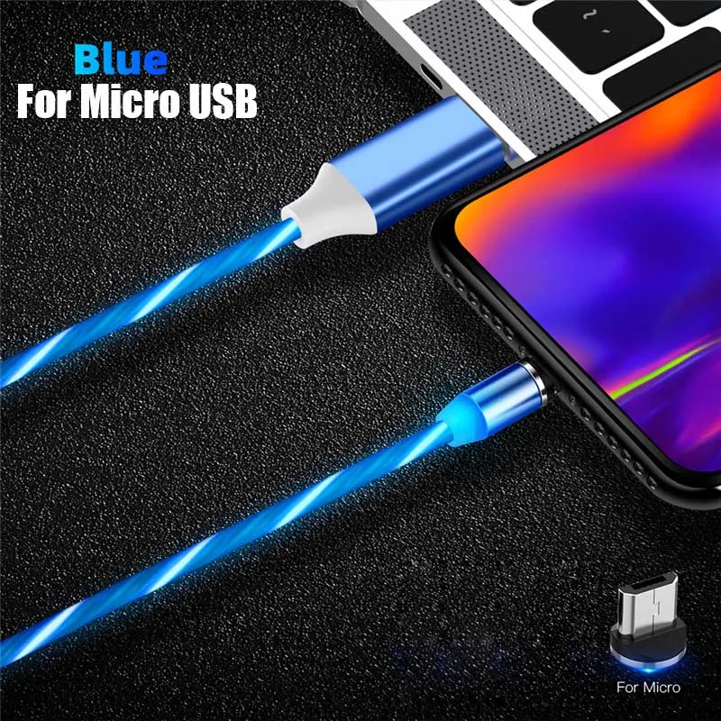 МАГНИТНЫЙ световой USB C Micro USB кабель 2A кабель для быстрой зарядки провод тип-c Магнитный зарядный кабель для телефона huawei P10 P20 - Цвет: Blue For Micro