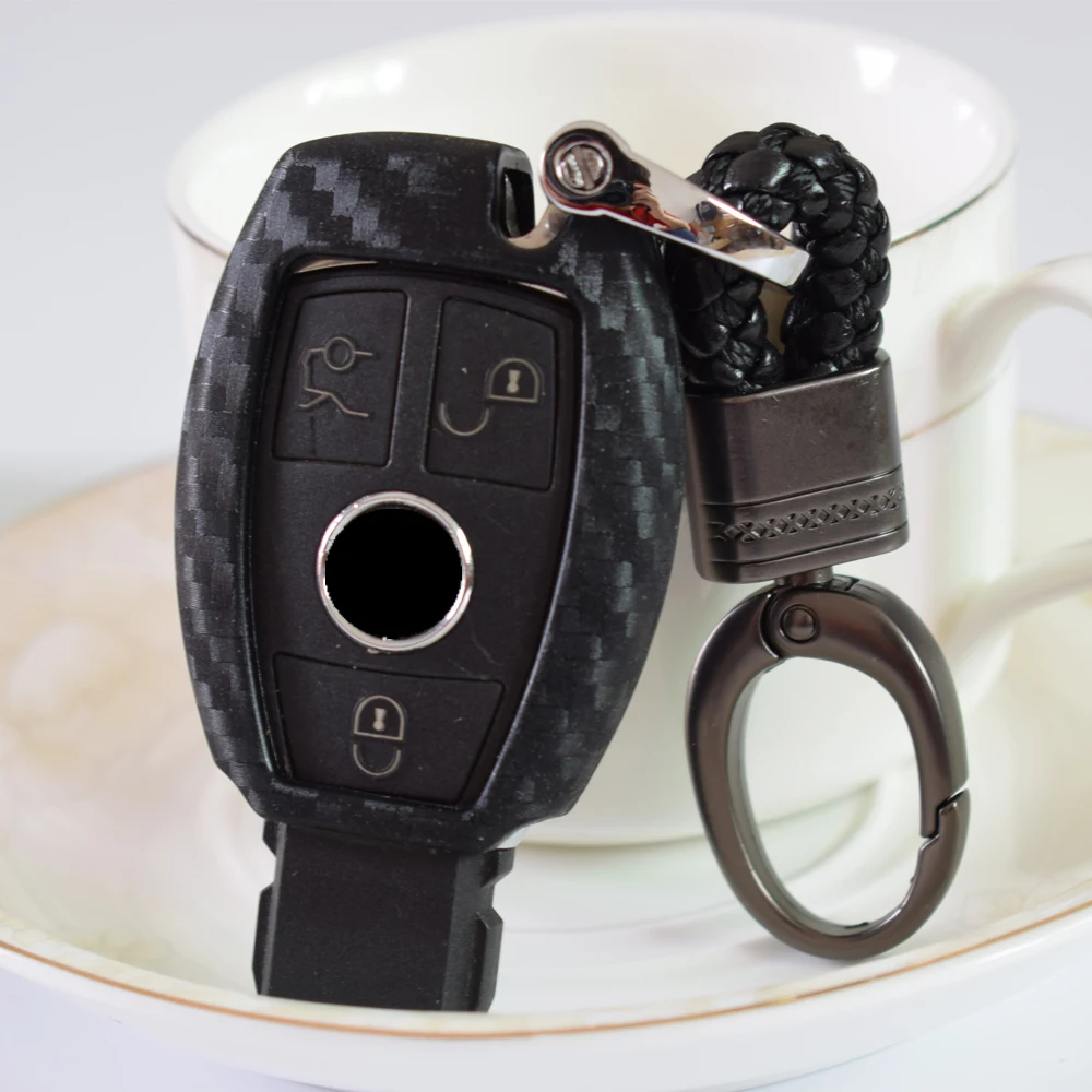 Carbon silicone Car Key Bag Case Cover Key Holder Chain For Mercedes