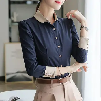 

2018 Korean Casual Blouse Long Sleeve Elegant Women Tops Slim Women Blue Shirt
