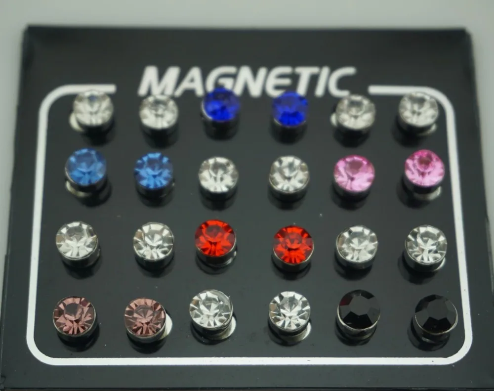 12 Pair(24pcs)/lot Round Crystal Rhinestone Magnet Stud Earring Puck Womens Mens Magnetic Fake Ear Plug Jewelry