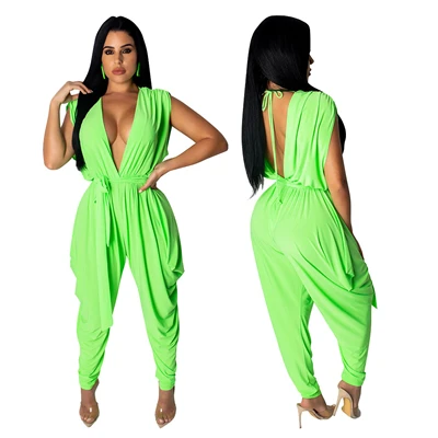 green jumpsuit Adogirl флуоресцентный зеленый Повседневный свободный спортивный костюм женские Модные шаровары сексуальные глубокий v-образный вырез без рукавов комбинезон боди - Цвет: green jumpsuit