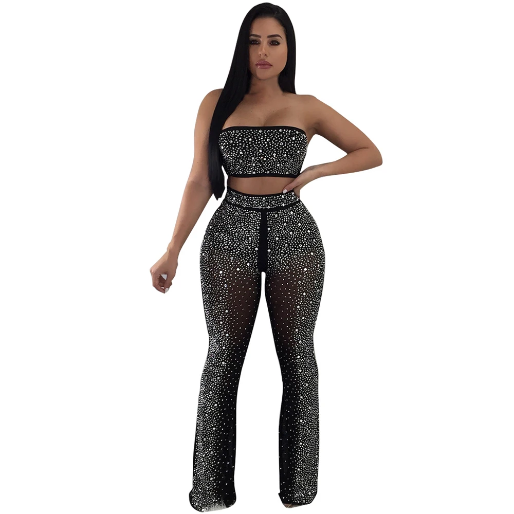Two Pieces Set Sexy Rompers Women Bodycon Jumpsuit Sheer Mesh Diamonds Rhinestone Off Shoulder Skinny Club Bodysuit Overalls