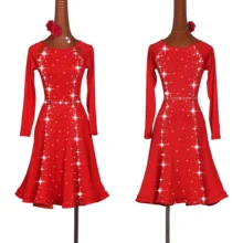 Женское латинское танцевальное платье с длинными рукавами дизайн танцевальное платье бальные танцы латинские платья для конкурсов Стразы юбка красная женская