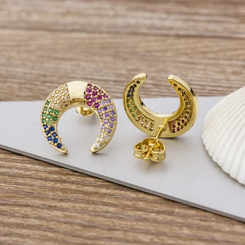 

New Style Fashion Copper Micro Pave CZ Zirconia Double Horn / Crescent Moon Shape Charm Stud Earrings For Women Jewelry Gift