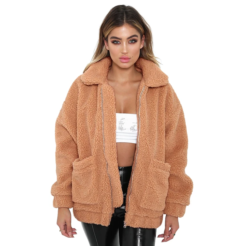

Women Furry Fleeces Coat Jacket Turn-down Collar Zipper Front Loose Casual Overcoat Outwear Streetwear 2019 Autumn Winter Jacket