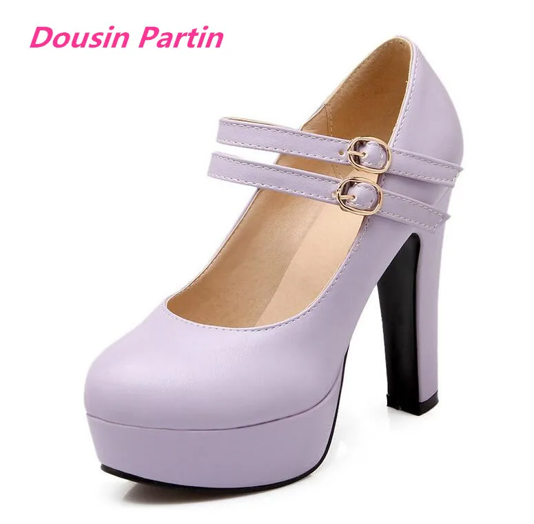 Dousin Partin 2019 여성 펌프스 패션 여성 신발 플랫폼 스퀘어 하이힐 올 매치 뾰족한 발가락, Pu 가죽 웨딩 펌프스