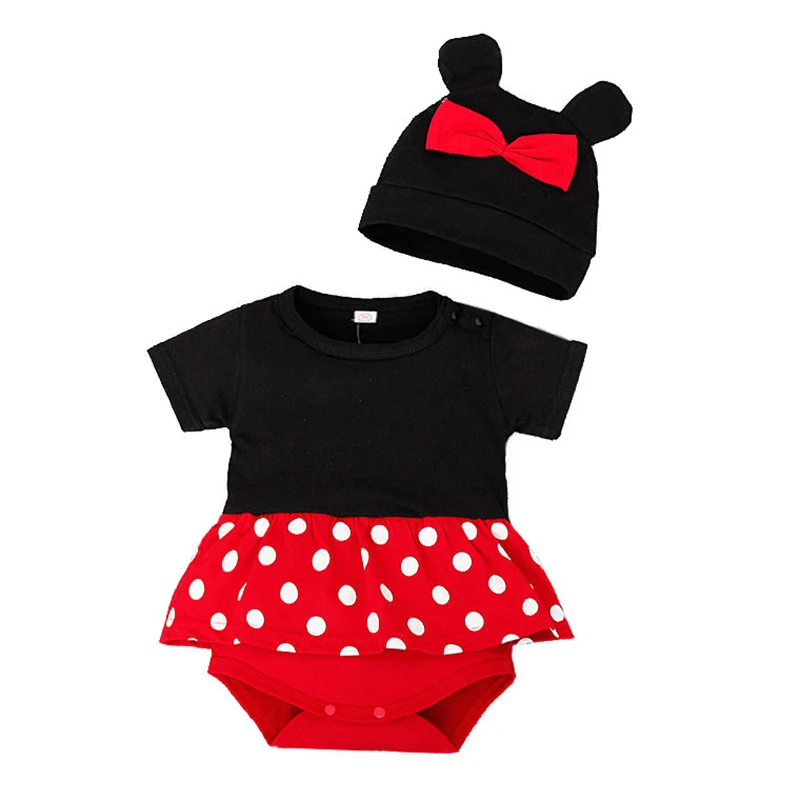 

Baby Girl Boy Rompers + Hat Clothes Cartoon Mickey Minnie Mouse Jumpsuit Infant Costumes Newborn Dresses Overall Bebe Sets 2pcs