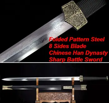 

Handmade Chinese Sword Double Edge Han Sword Folded Steel Blade Ebony Scabbard