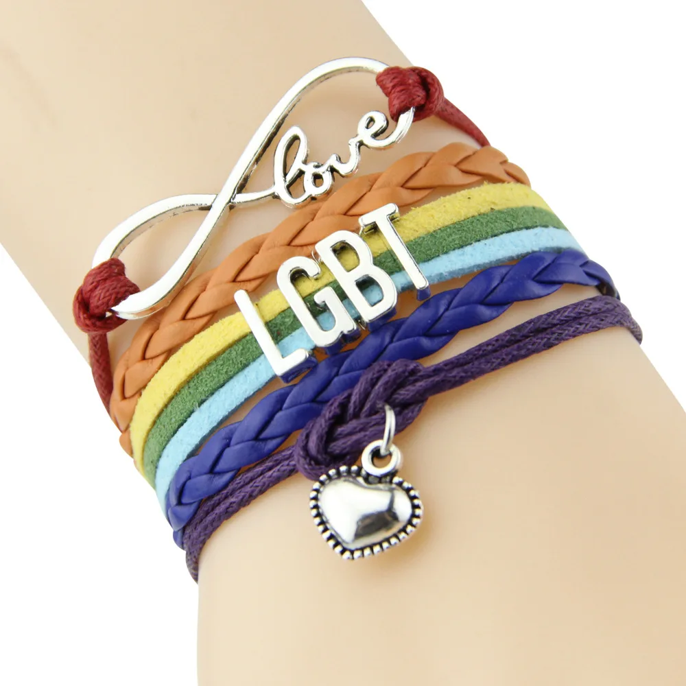

JEPHNE Rainbow Infinity Love LGBT Bracelet Heart Charm Adjustable Braided Leather Suede Layered Bracelets Women Men Jewelry Gift