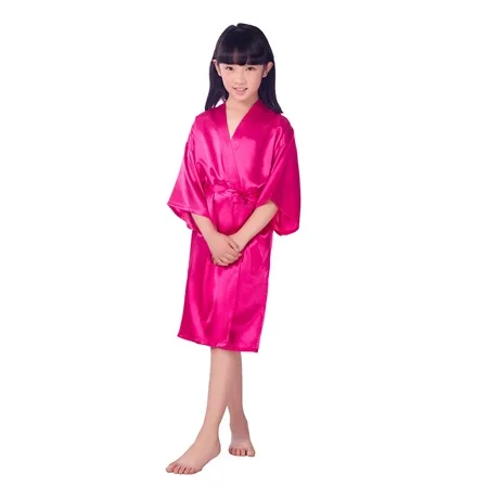 Темно-синие пижамы Для детей, на лето шелк японский Kimono Solid халат детский банный халат Полотенца ночная рубашка для девочек детские пижамы Размеры M-4XL - Цвет: hot pink
