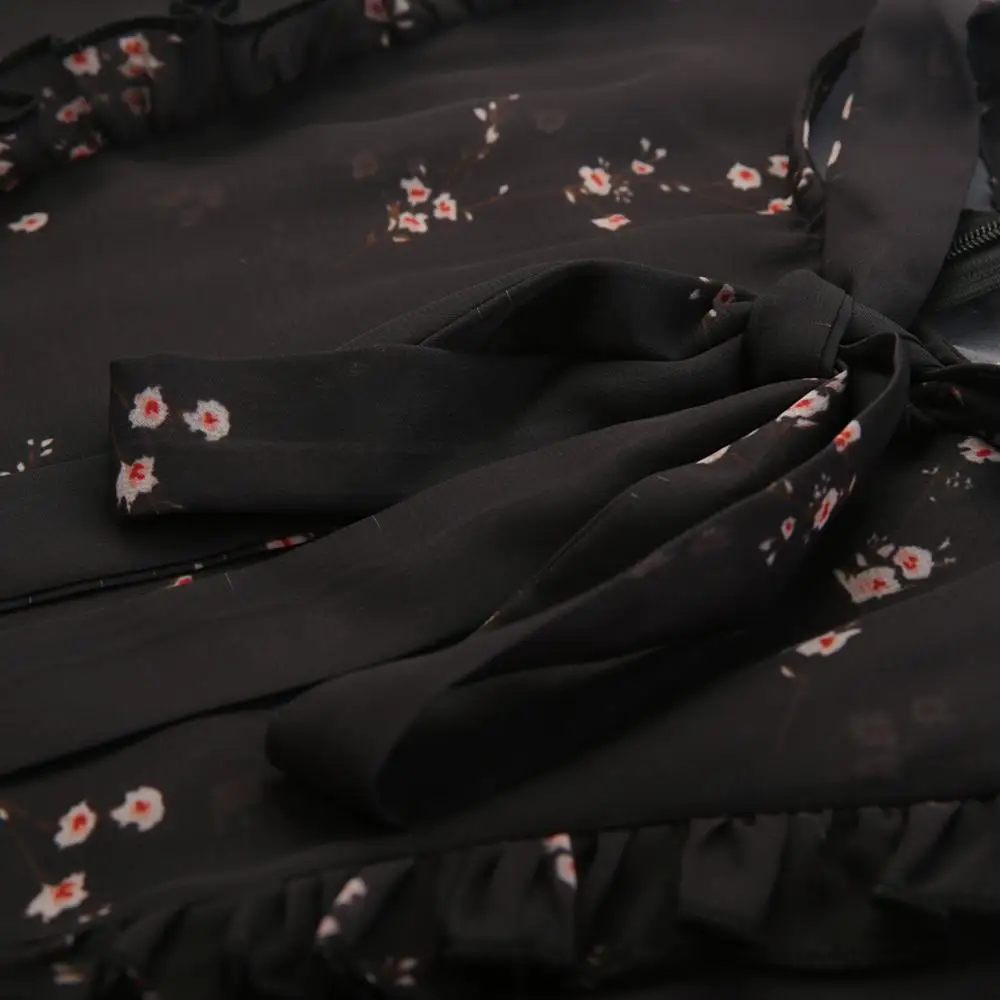 HYH haoyihui Vintage BOHO с цветочным принтом Черное Шифоновое Платье Лето с коротким рукавом Vestidos Узелок прозрачный мини-платье