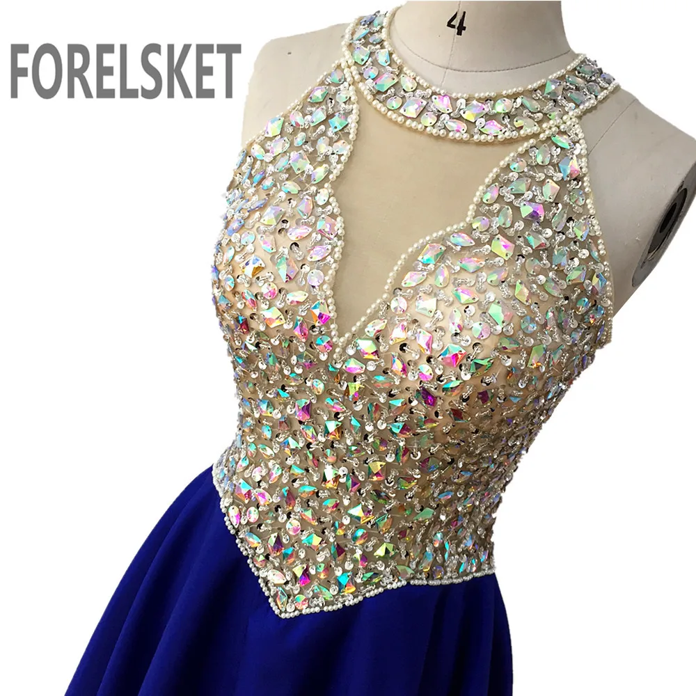 A line Blush Pink Chiffon Long Prom Dresses 2020 Crystal Beading Illusion Sequined Women's Formal Evening Party Gowns O-Neck