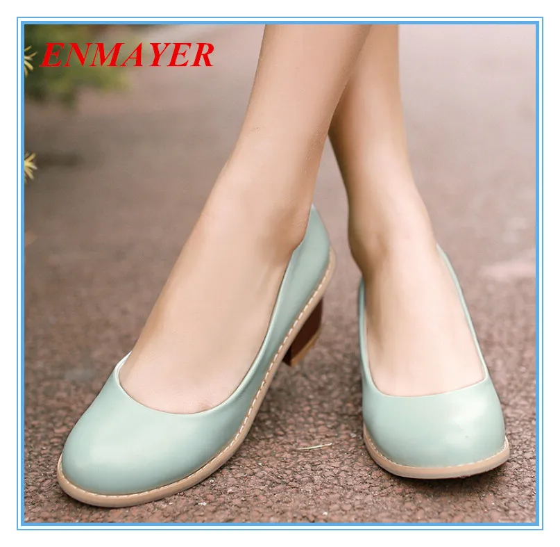 

ENMAYES senior PUsoft leather Casual flats slip-on round toe square heels shoes for ladies solid Basic Spring/Autumn women flats