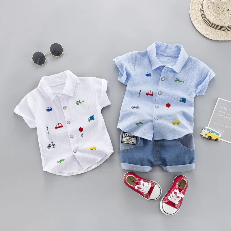 

Children Boys Clothing Set Summer Printed Shirt+Denim Shorts Gentleman 2Pcs Suit Kids Boys Clothes Sets
