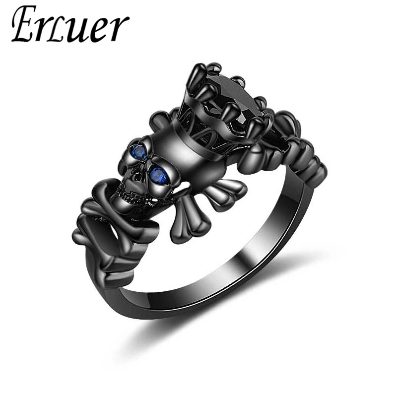 

ERLUER Retro Skull Crown Metal Rings For Women Men Black Crystal CZ Fashion Jewelry Punk Skeleton Finger Round Ring