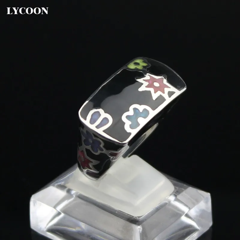 LYCOON Модные женские цветные кольца с цветами из смолы 316L из нержавеющей стали полированное импортное кольцо с черной эмалью квадратной формы SUK0009