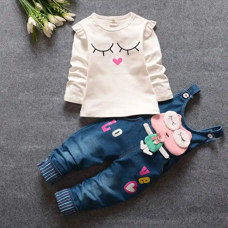 

BibiCola 2018 spring and fall new girls clothing sets cartoon cotton tops +bib pants 2pcs kids clothes girl tracksuit