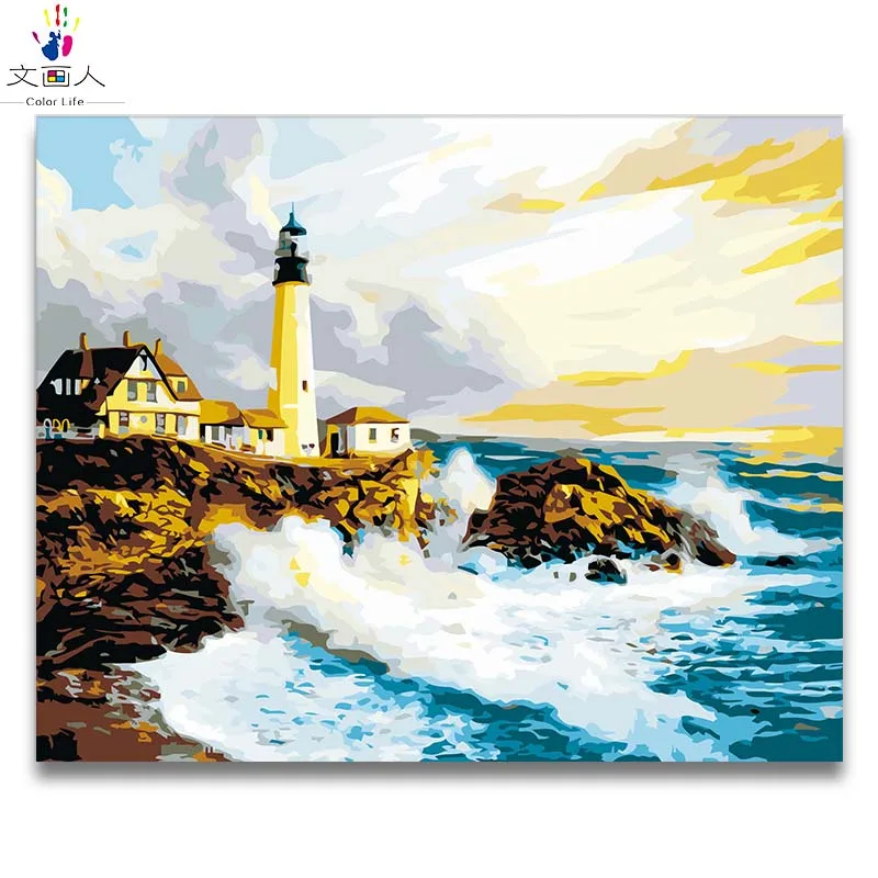 

seaside Guard towers landscape painting by numbers with paint kits on canvas drawing for coloring by numbers living room decor