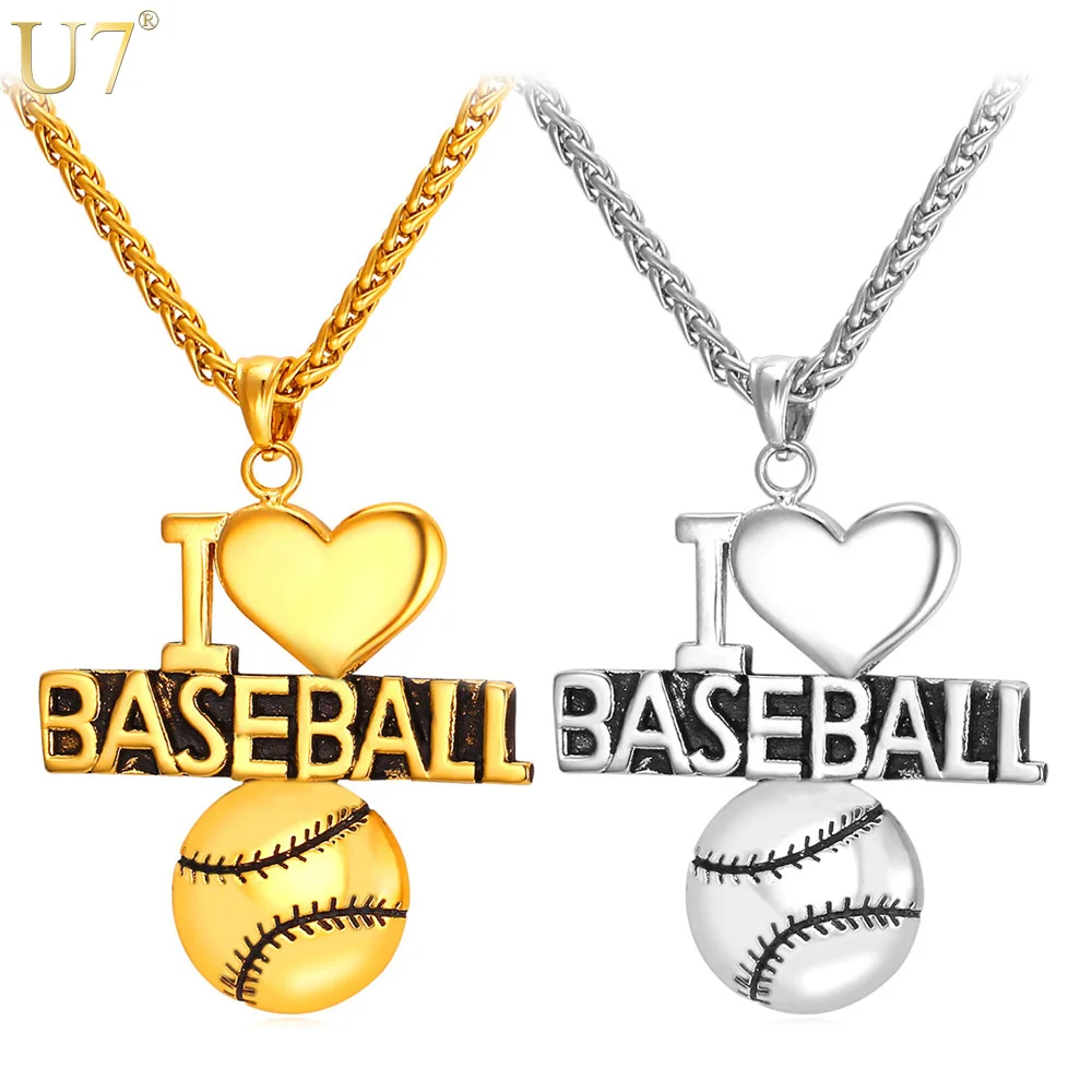 U7 Heart Necklace For Baseball Fan Stainless Sports Jewelry Gold Color